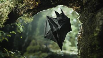 A black bat origami shape hanging amidst the verdant forest scenery photo