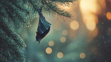 A small bat hangs peacefully from a winter pine tree branch photo