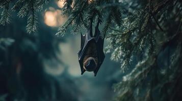 A bat hangs upside down on a branch in a forest setting photo