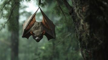 A brown bat hangs upside down in a lush green forest photo