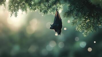 A bat is hanging upside down from a pine tree branch photo