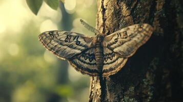 A moth with detailed wing patterns rests on tree bark photo
