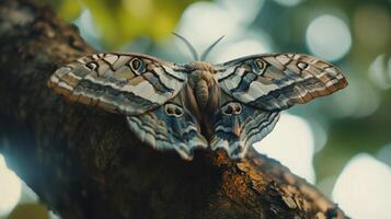 A beautiful moth with detailed markings rests on a branch photo