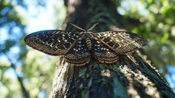A moth with beautifully patterned wings resting on a tree trunk photo