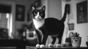 A beautiful black and white cat stands confidently on furniture photo