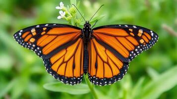 A Beautiful Monarch Butterfly with Striking Orange and Black Wings Displayed photo