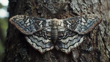 A beautiful moth with patterned wings rests upon a tree photo