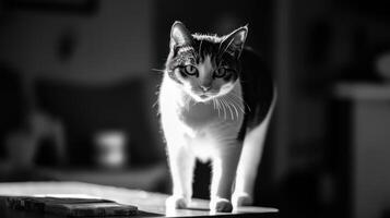 A curious black and white cat looks directly toward the viewer photo