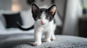 A tiny black and white kitten walking towards the camera photo