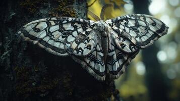 A large moth with patterned wings rests on a tree trunk photo