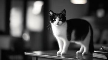 A Black And White Cat Standing Gracefully On A Surface photo