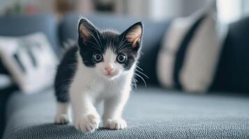 A cute black and white kitten walking towards the camera directly photo