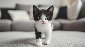 An adorable black and white kitten standing on a soft gray surface photo