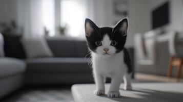 Adorable small tuxedo kitten standing on a light colored surface photo