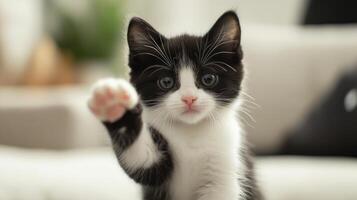 A charming kitten offering a paw to the viewer with soft fur photo