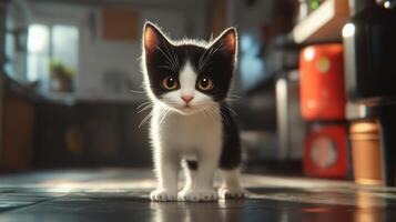 An adorable kitten standing in a kitchen looking directly forward photo