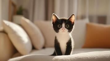 Adorable black and white kitten sitting patiently on a soft cushion photo