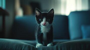 An adorable black and white kitten looking directly at the viewer photo