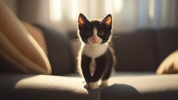 Adorable kitten posing for the camera in a lovely sunlit room photo