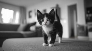 A small black and white kitten standing on a gray surface photo