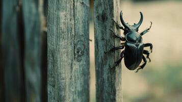 A large dark beetle perched on a weathered wooden fence post photo