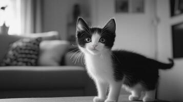 A cute black and white kitten standing and looking at the camera photo