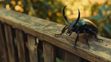 A large horned beetle is resting on a wooden railing photo