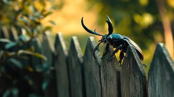 A large beetle with horns perched on top of wooden fence photo