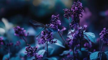 A delicate dragonfly is resting on purple flowering blossoms photo