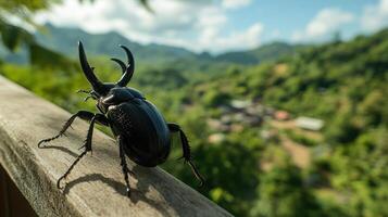 A black beetle with large horns perched on wooden railing photo
