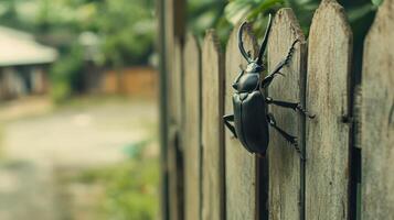 A large beetle is climbing a wooden fence outdoors in nature photo