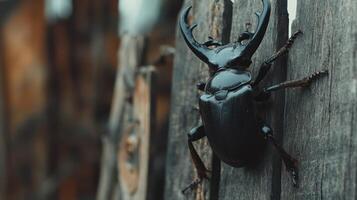 A large beetle with horns resting on a wooden surface photo