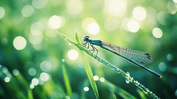 A beautiful dragonfly resting on blades of dewy green grass photo