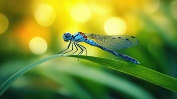 A beautiful blue dragonfly resting delicately upon a green leaf photo