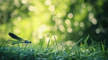 A delicate dragonfly rests gracefully on blades of vibrant green grass photo