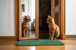 A ginger cat staring at its own reflection in a mirror photo