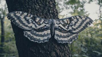 A large moth with intricate patterns rests on a tree trunk photo