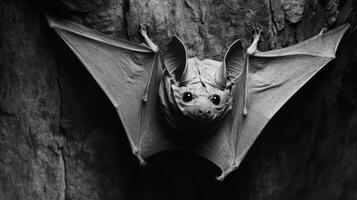 A gray bat with its wings spread perched on a textured surface photo