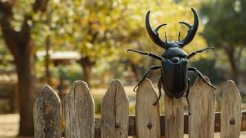 A large stag beetle perched on top of a wooden fence photo