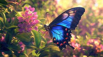 A beautiful blue butterfly is resting on a pink flowering bush photo
