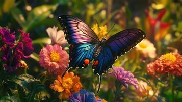 A vibrant butterfly spreads wings above colorful blooming flowers photo