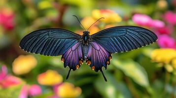 A beautiful butterfly displays vibrant colors against a floral background photo