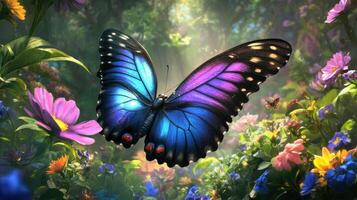 A Large Colorful Butterfly Gracefully Flying Amidst Bright Flowers photo