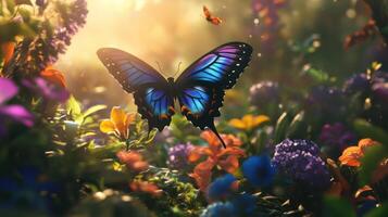 A beautiful butterfly with wings open in a lovely flower garden photo