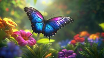 A vibrant butterfly perches amidst a colorful array of flowers photo