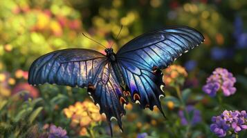 A beautiful butterfly is resting among colorful garden flowers photo