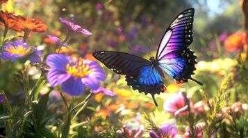 A beautiful colorful butterfly is flying amongst the summer flowers photo