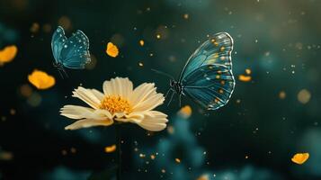 Butterflies hovering over a delicate flower in a soft dreamy scene photo