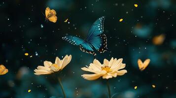 Butterflies and flowers float in a serene and picturesque environment photo