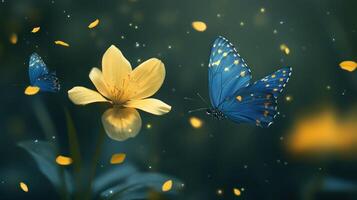 A beautiful butterfly floats near a vibrant yellow flower photo